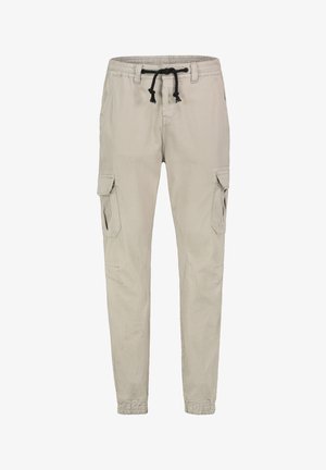 Hellgraue Cargo-Hose mit elastischem Bund, Kordelzug, Seitentaschen und gerafften Bündchen. Hergestellt aus robustem Stoff mit glatter Textur.