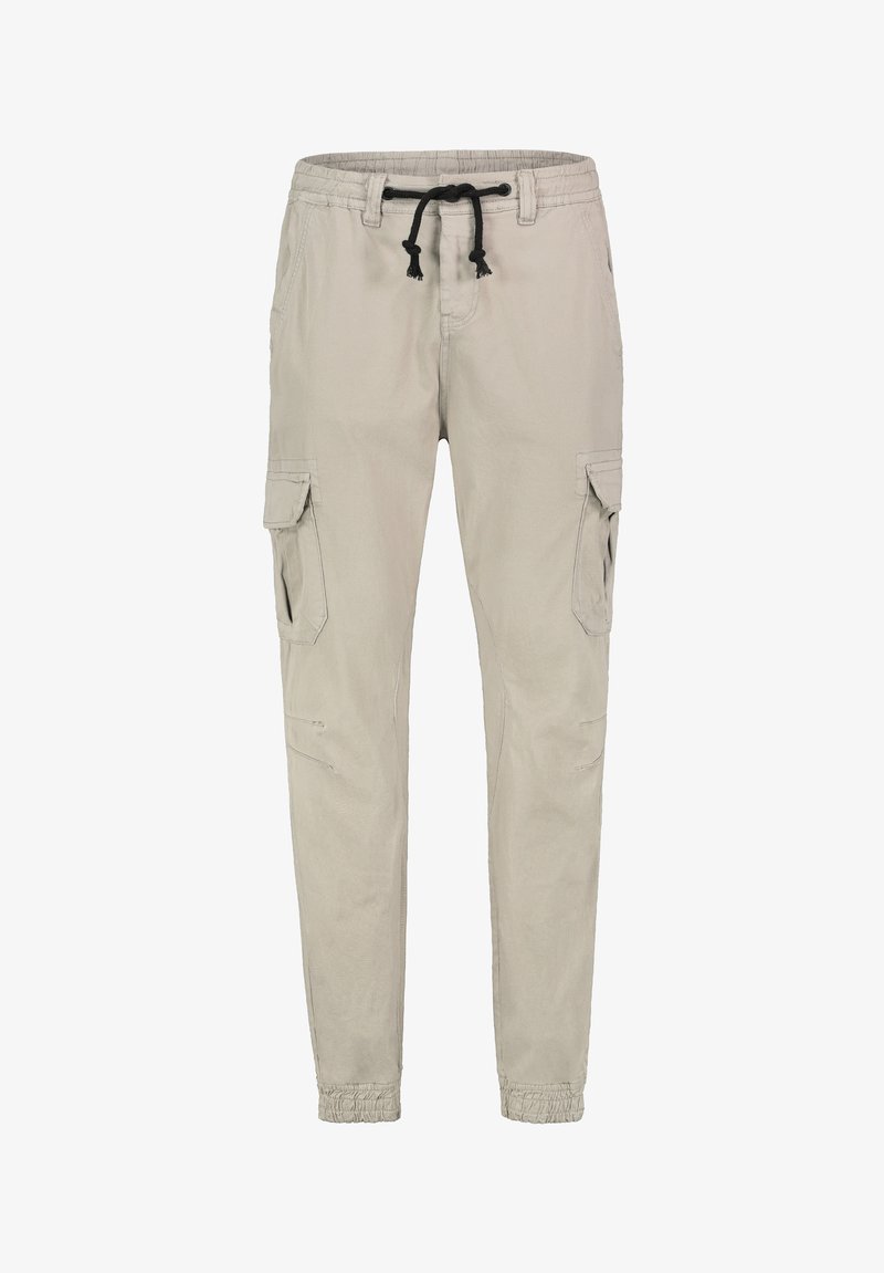 Hellgraue Cargo-Hose mit elastischem Bund, Kordelzug, Seitentaschen und gerafften Bündchen. Hergestellt aus robustem Stoff mit glatter Textur.