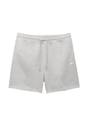 Svetlo sivi trenirke iz mehke mešanice bombaža, opremljene z elastičnim pasom s vrvico in stranskimi žepi, preprost dizajn, brez vzorcev.