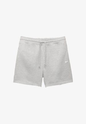 Svetlo sivi trenirke iz mehke mešanice bombaža, opremljene z elastičnim pasom s vrvico in stranskimi žepi, preprost dizajn, brez vzorcev.