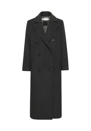 Double-breasted long coat in dark gray wool blend, featuring a notched collar, six buttons, and two front pockets. Smooth texture.