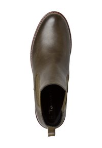 Bottines en cuir vert foncé avec des panneaux latéraux élastiques et une bande de tirage pour un enfilage facile. Texture lisse et design à bout rond.