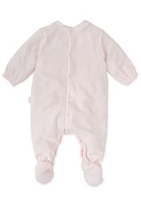 Bodies para bebés de color rosa hechos de material suave. Presenta mangas largas, un cuello a rayas, botones en la parte delantera y puños recogidos en los tobillos.