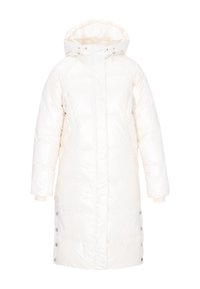 Fehér puffernadrág kapucnival, amely levehető, hosszú ujjakkal, elülső cipzáros záródással és oldalsó patentgombokkal rendelkezik; sima, fényes textúra.