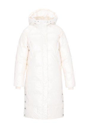 Jachetă pufosă albă cu glugă detașabilă, mâneci lungi, închidere cu fermoar frontal și butoane tip capcană pe lateral; textură netedă și lucioasă.