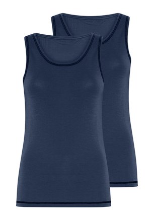 Mørkeblå tanktops med rund halsudskæring, lavet af et glat stof, har kontrasterende syninger langs kanterne. To enheder vist.
