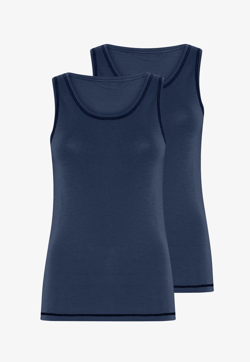 Navy blue tank tops with a round neckline, made from a smooth fabric, feature contrasting stitching along the edges. Two units displayed.