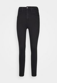 Czarne obcisłe jeansy wykonane z denimu, z talią średniego wzrostu, pięcioma kieszeniami i zapięciem na guzik. Gładka faktura z minimalnym przeszyciem.