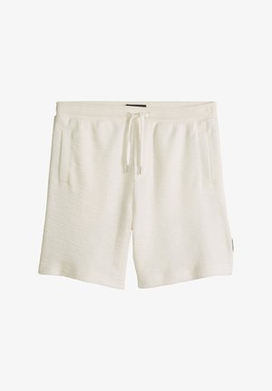 Shorts en éponge blanche avec taille élastique et cordon de serrage, dotés de poches latérales et d'une coupe décontractée.