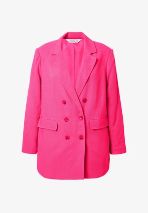 Dobbeltræsseret lyserød blazer med notch-krave, to forlommer og blanke knapper. Blødt, tekstureret stof med en struktureret facon.