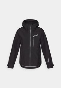 Schwarze wasserdichte Jacke mit Kapuze, ausgestattet mit einem Frontreißverschluss, einer Brusttasche und "TERREX" sowie "GORE-TEX" Branding auf den Ärmeln.