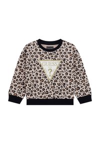 Felpa con stampa leopardata in beige e nero, caratterizzata da un design a logo triangolare in oro, con polsini e orlo a costine.