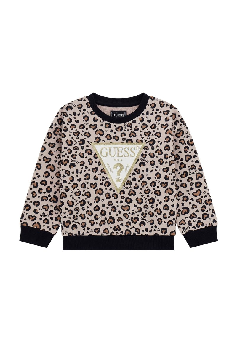 Felpa con stampa leopardata in beige e nero, caratterizzata da un design a logo triangolare in oro, con polsini e orlo a costine.