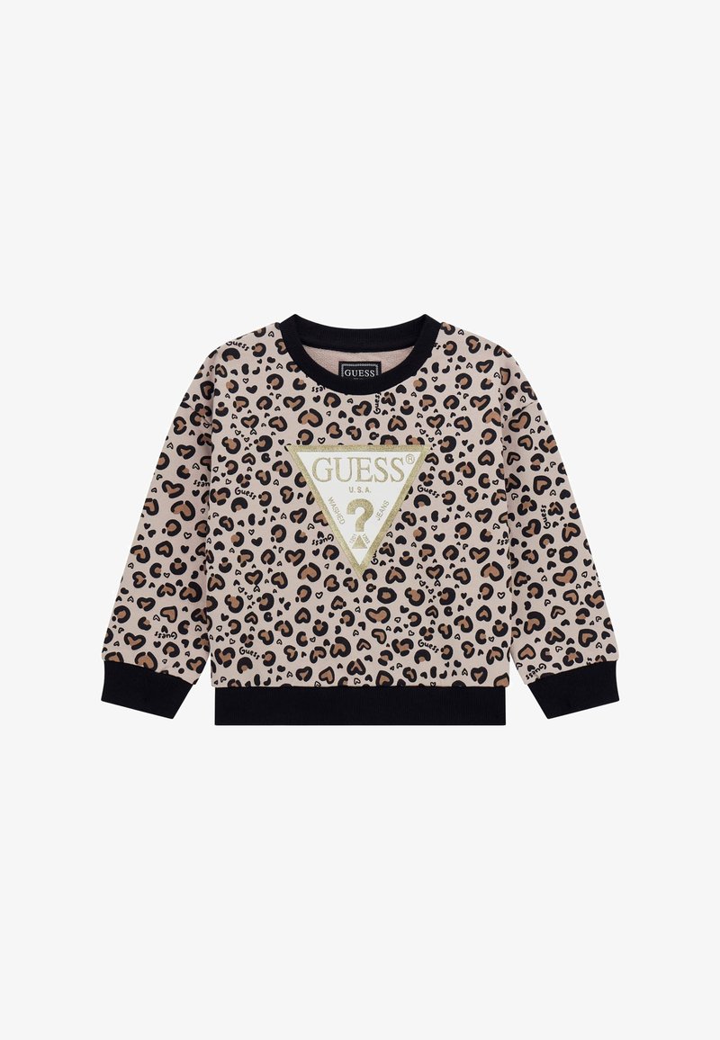 Sudadera de estampado de leopardo en beige y negro, con un diseño de logo triangular en dorado, y puños y dobladillo acanalados.