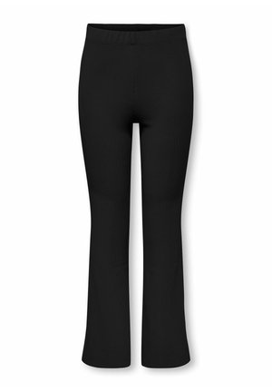 Schwarze, gerippte Strickhose mit Schlagbeinen und elastischem Bund, entworfen für eine enge Passform an Hüften und Oberschenkeln.