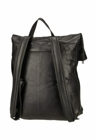 Sac à dos en cuir noir avec un design repliable, des bretelles ajustables, une poignée supérieure et des détails de couture minimalistes. Texture lisse sans matériel visible.