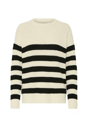Gestreifter Pullover in Elfenbein und Schwarz. Gerippter Rundhalsausschnitt, lange Ärmel und eine lockere Passform mit sichtbarem Saum.