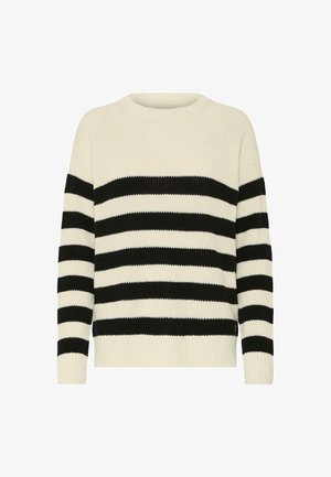 Ivory és fekete csíkos kötött pulóver. Bordás kerek nyakkivágás, hosszú ujjak, és laza szabás, látható hem.