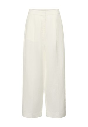 Pantalon blanc taille haute à jambes larges avec des coutures devant et une ceinture lisse, conçu pour une coupe décontractée et élégante.