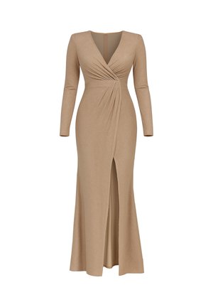 Lang, getailleerde jurk in een zandbeige kleur, met lange mouwen, een diepe V-hals, een gedraaid detail aan de voorkant en een hoge split tot aan de dij. Soepele textuur.
