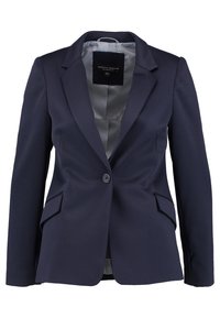 Marinblå kavaj tillverkad av texturerat tyg, med en skärning i kragen, enkel knäppning, två framfickor och ett randigt foder.