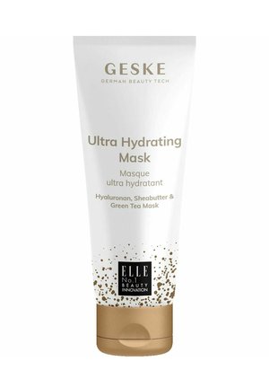 GESKE Ultra Hydrating Mask in a white tube with gold accents. Features text detailing ingredients: hyaluronan, shea butter, and green tea.