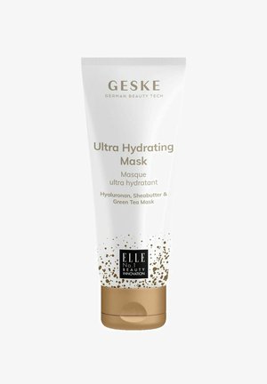 GESKE Ultra Hydrating Mask in een witte tube met gouden accenten. Bevat tekst met details over ingrediënten: hyaluronan, sheaboter en groene thee.