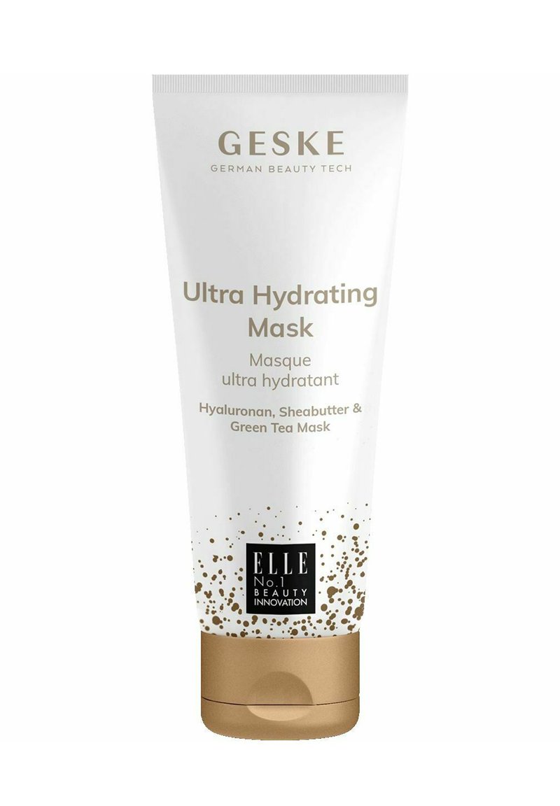 Maschera Ultra Idratante GESKE in un tubo bianco con dettagli dorati. Presenta testo che descrive gli ingredienti: ialuronano, burro di karité e tè verde.