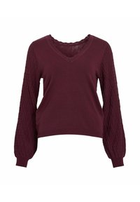 Pull bordeaux en V, avec des manches bouffantes texturées et un col festonné, fabriqué en tricot doux.