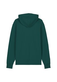 Teealfarbener Kapuzenpullover mit langen Ärmeln, Kängurutasche und gerippten Bündchen. Weicher Stoff mit glatter Oberfläche; schlichtes Design.