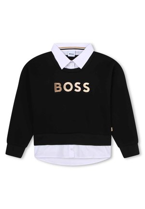 Schwarzer Sweatshirt mit langen Ärmeln, weißem Hemdkragen-Detail und großem beigefarbenem "BOSS"-Aufdruck auf der Brust.