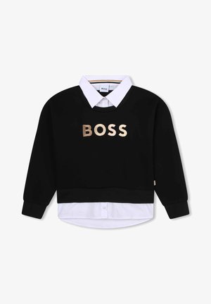 Felpa nera a maniche lunghe con dettaglio colletto camicia bianco e scritta "BOSS" stampata in grandi lettere beige sul petto.