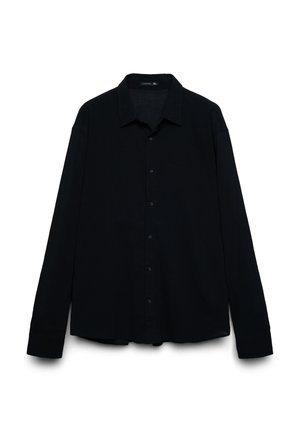 Camicia nera a maniche lunghe in tessuto leggero. Presenta un collo con rever, chiusura con bottoni e una vestibilità comoda. Senza motivi o decorazioni.