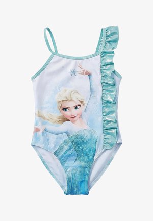 Costume da bagno blu per bambino con spalline sottili e bordatura arricciata con grafica di una bambina bionda animata che lancia un incantesimo di fiocco di neve.