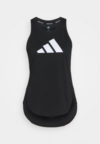 Černé atletické tílko z lehké tkaniny s velkým bílým logem Adidas a zaobleným lemem pro stylový vzhled.