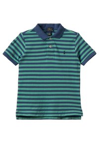 Kortärmad polotröja med växlande gröna och marinblå ränder. Har en ribbad krage och knäppning med tre knappar. Litet logotyp på bröstet.