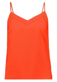 Haut sans manches orange vif avec un décolleté en V. Confectionné en tissu lisse avec une coupe décontractée et des bords nets. Aucun motif ou accessoire visible.