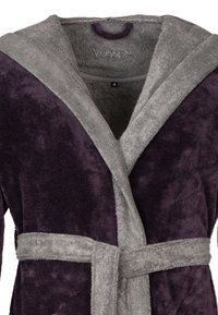 Purple bathrobe with gray accents, made of soft, plush material. Features a shawl collar, belted waist, and logo tag inside.