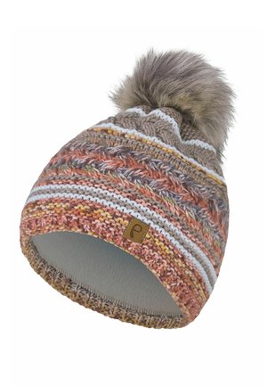 Knit winter hat with multicolor stripes, textured patterns, a small leather logo patch, and a large gray faux fur pom-pom on top.