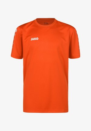 Orange Sport-T-Shirt aus atmungsaktivem Material. Es hat einen Rundhalsausschnitt, kurze Ärmel und ein weißes "JAKO"-Logo auf der Vorderseite sowie Akzente an den Ärmeln.