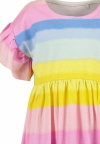Proximal view of a short-sleeve dress featuring pastel horizontal stripes in pink, blue, yellow, and white, with gathered waist and ruffled sleeves.