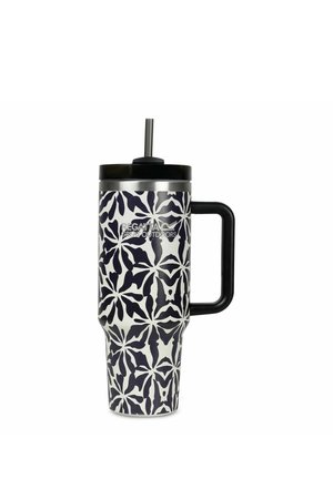 Tall travel mug with black and white floral pattern, black handle, black lid, and gray straw, branded "Regatta Great Outdoors."