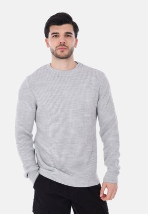 Maglione grigio a maglia con scollo rotondo, finitura testurizzata e polsini a coste. Abbinato a pantaloni cargo neri, su uno sfondo semplice.