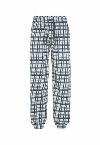 Katoenen pyjamabroek met een blauw-wit geruit patroon, elastische tailleband en geribbelde cuffs bij de enkels.