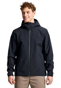 Giacca nera con cappuccio, zip frontale, tasche laterali e polsini elasticizzati. Tessuto liscio e materiale leggero adatto per un abbigliamento casual.