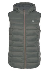 Dunkelgrüne Steppweste mit Kapuze, frontalem Reißverschluss und genähten Paneelen. Bemerkenswerte Akzente sind ein kleines Logo und ein bronzefarbener Reißverschluss.