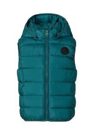 Gilet rembourré en teal avec une capuche, doté d'une fermeture éclair à l'avant et d'un détail logo noir rond, conçu avec des sections matelassées horizontales.