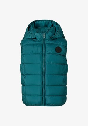 Teal puffer vest met een capuchon, voorzien van een rits aan de voorkant en een rond zwart logo-detail, ontworpen met horizontale gestikte secties.