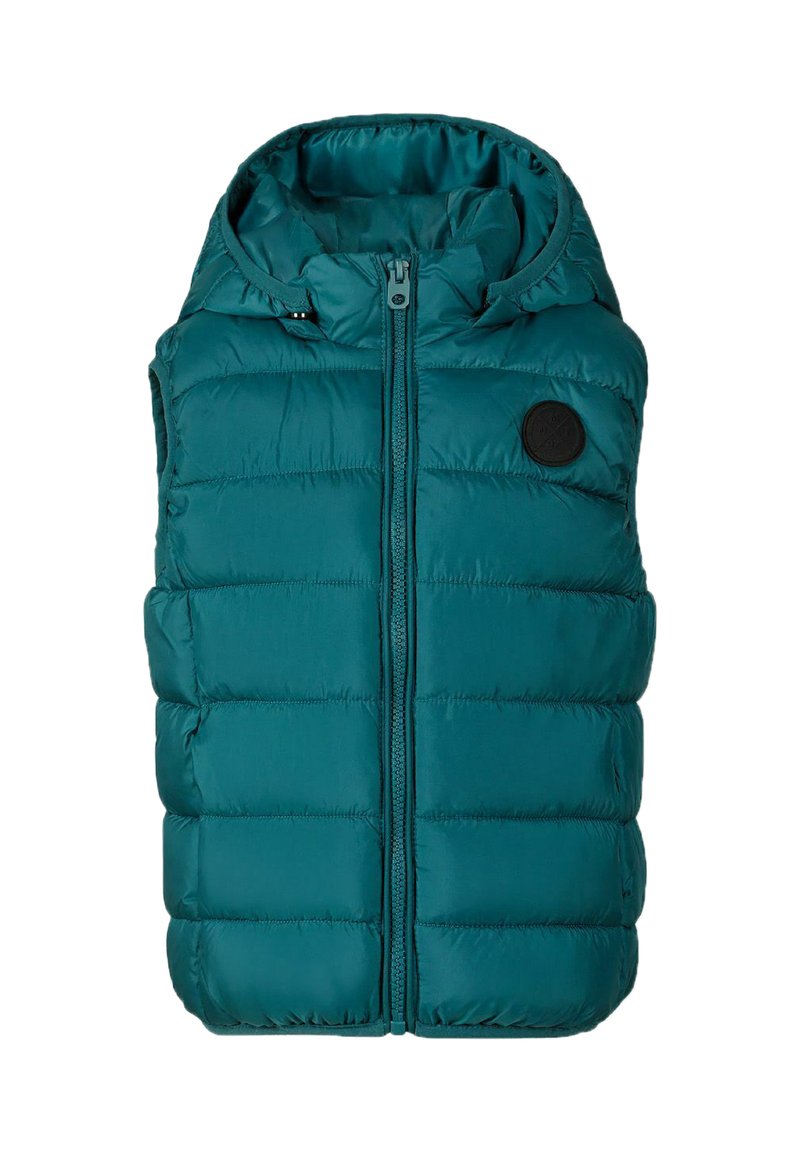 Teal pufferväst med huva, med en framzipper och en rund svart logodetalj, designad med horisontellt quiltade sektioner.