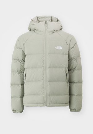 Puffjacke in Hellgrün mit Kapuze, mit durchgehendem Reißverschluss, elastischen Bündchen und einem Logo auf der linken Brust. Glatte Textur und gesteppter Design.